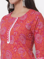 Myshka Women's Cotton Printed 3/4 Sleeve Round Neck Casual Pink Kurta Pant Dupatta Set | Grocsy