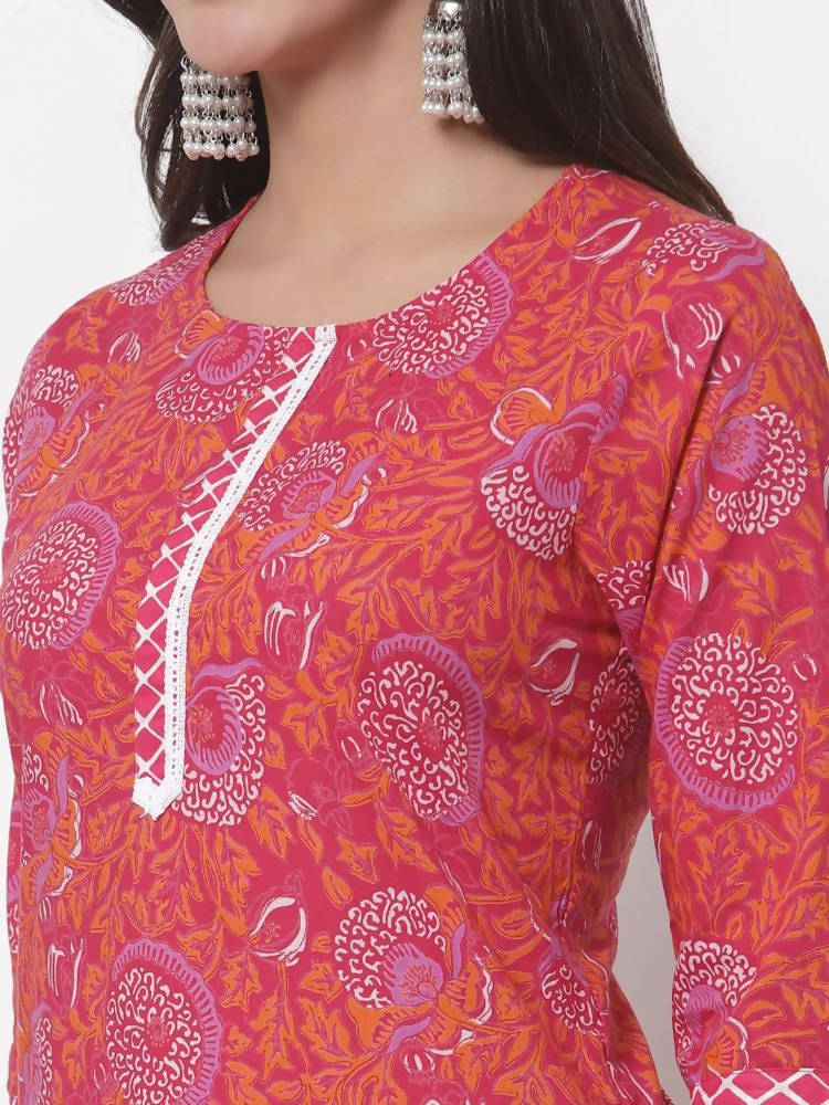 Myshka Women's Cotton Printed 3/4 Sleeve Round Neck Casual Pink Kurta Pant Dupatta Set | Grocsy