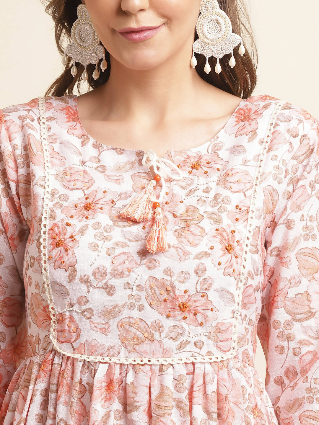 Orange Linen Floral Printed Fit & Flare Dress - Yukti | Grocsy