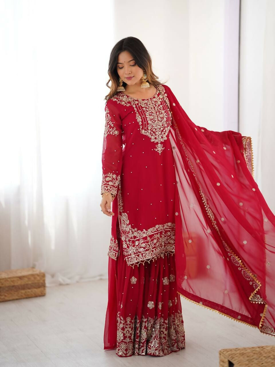 Teeya Creation Red Color Faux Georgette Embroidery Work Wedding Wear Sharara | Grocsy