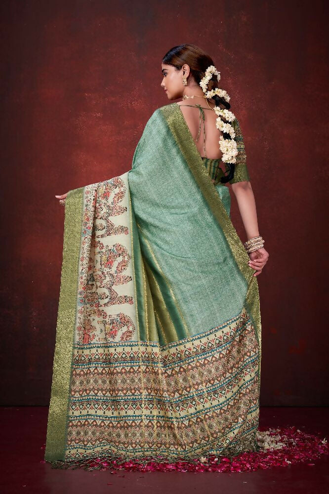 Green Poly Habotai Silk Foil Print Saree with Unstitched Blouse - Kathari | Grocsy