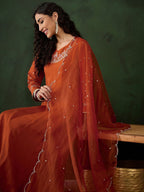 Sangria Embroidered A-Line Kurta & Trousers With Dupatta | Grocsy