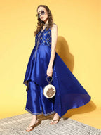 Ahalyaa Women Royal Blue Colour Poly Silk Printed Kurta Palazzo Set | Grocsy