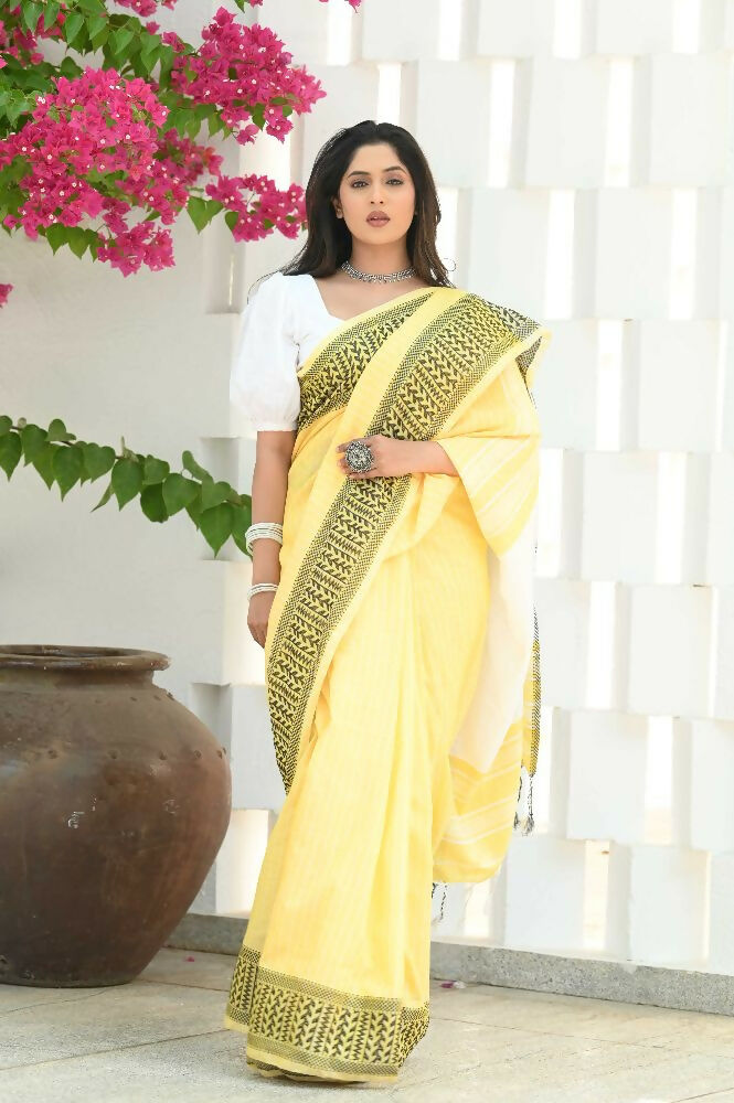 Beatitude Yellow Cotton Jacqaurd Border Tangail Handloom Saree | Grocsy