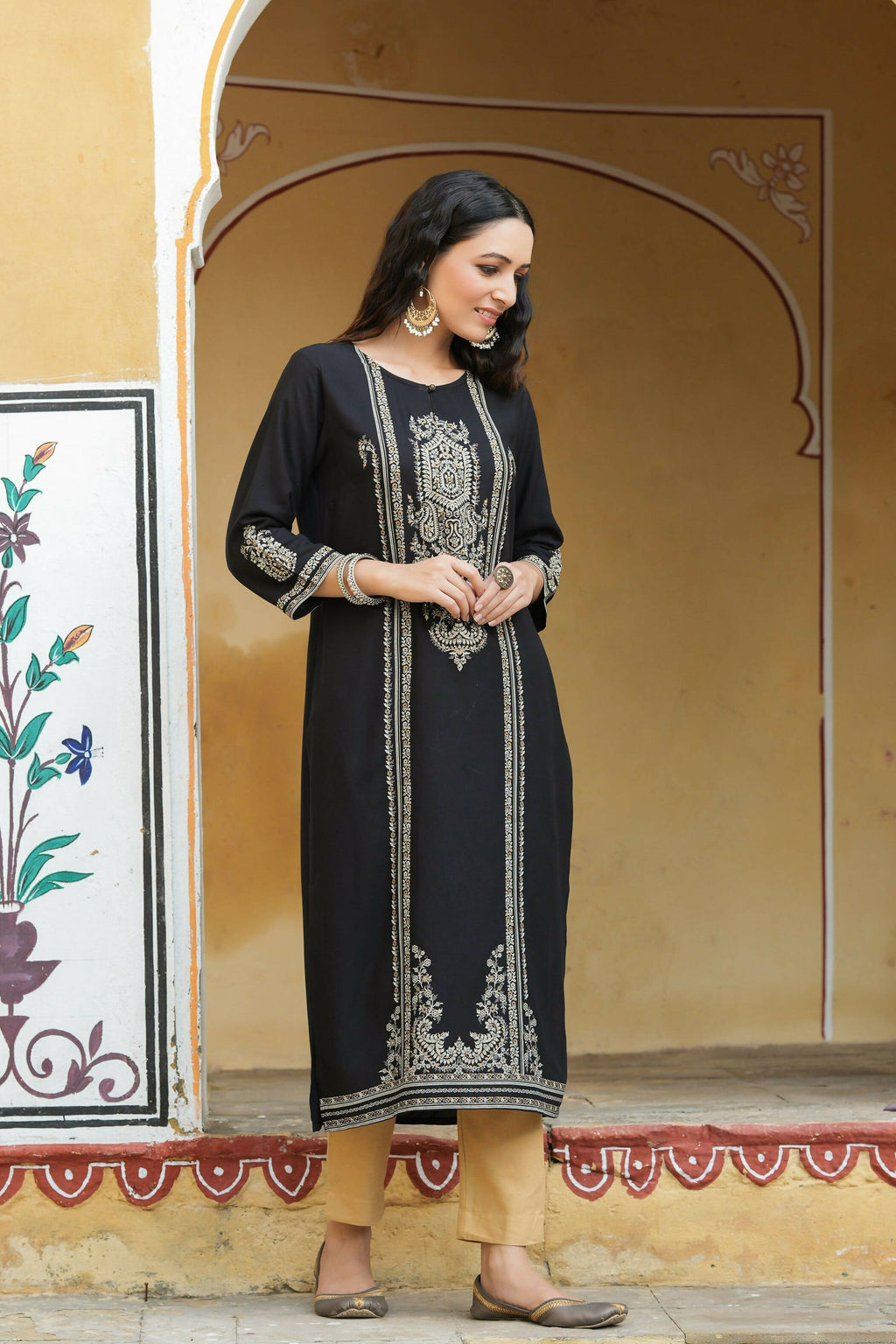 Juniper Women's Black Rayon Printed Straight Kurta | Grocsy