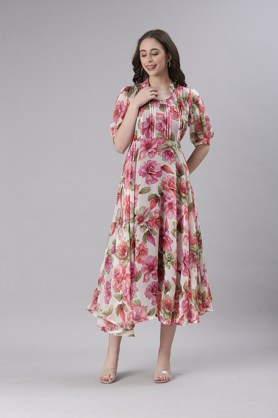 Souchii Cream Floral Chiffon Dress | Grocsy