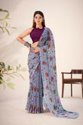 Vastranavya Grey Lurex Brasso Floral Printed Saree with Unstitched Blouse | Grocsy