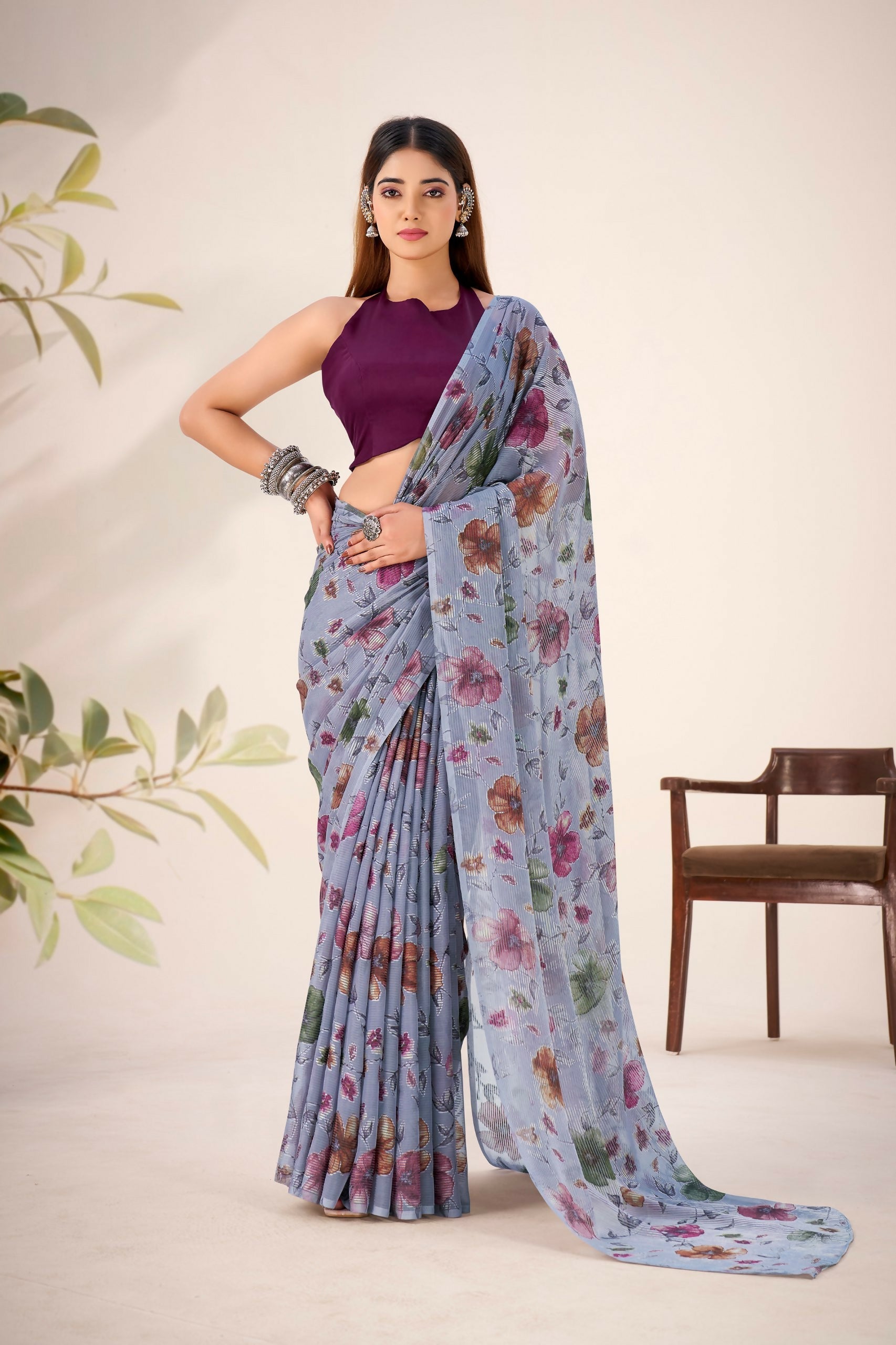 Vastranavya Grey Lurex Brasso Floral Printed Saree with Unstitched Blouse | Grocsy