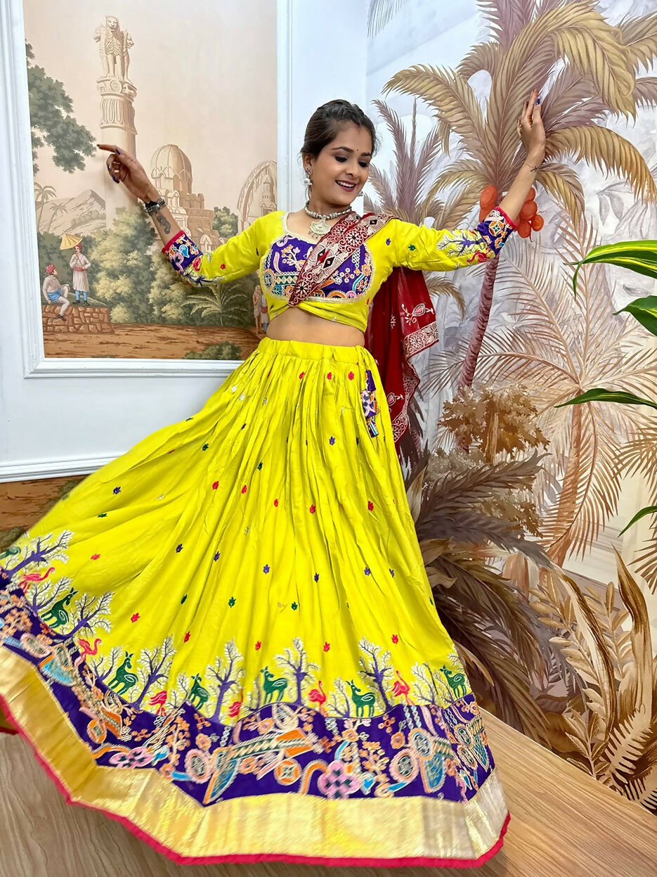 Teeya Creation Parrot Colour Rayon Silk Embroidery Work Fully Stitched Navratri Lehenga | Grocsy