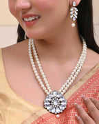 VOJ Gold-Polished Kundan Studded Pearl Long Necklace And Earrings Set | Grocsy