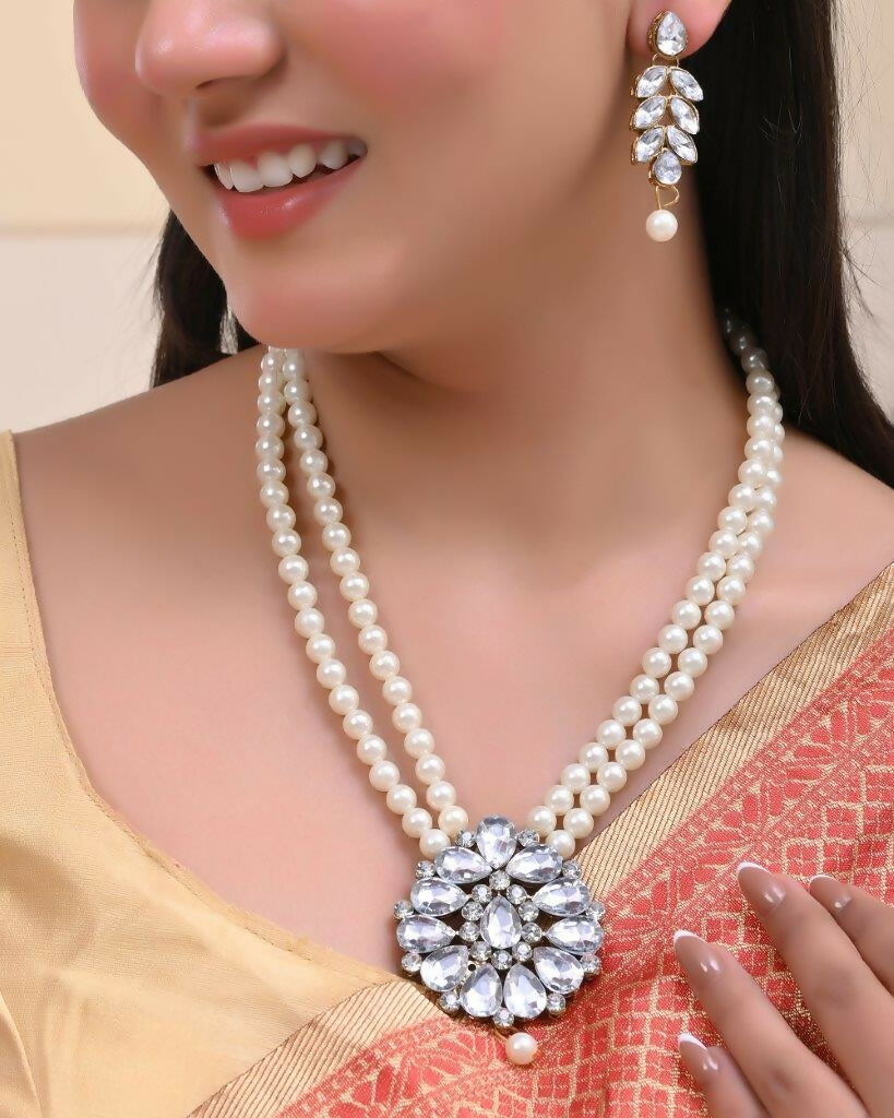 VOJ Gold-Polished Kundan Studded Pearl Long Necklace And Earrings Set | Grocsy