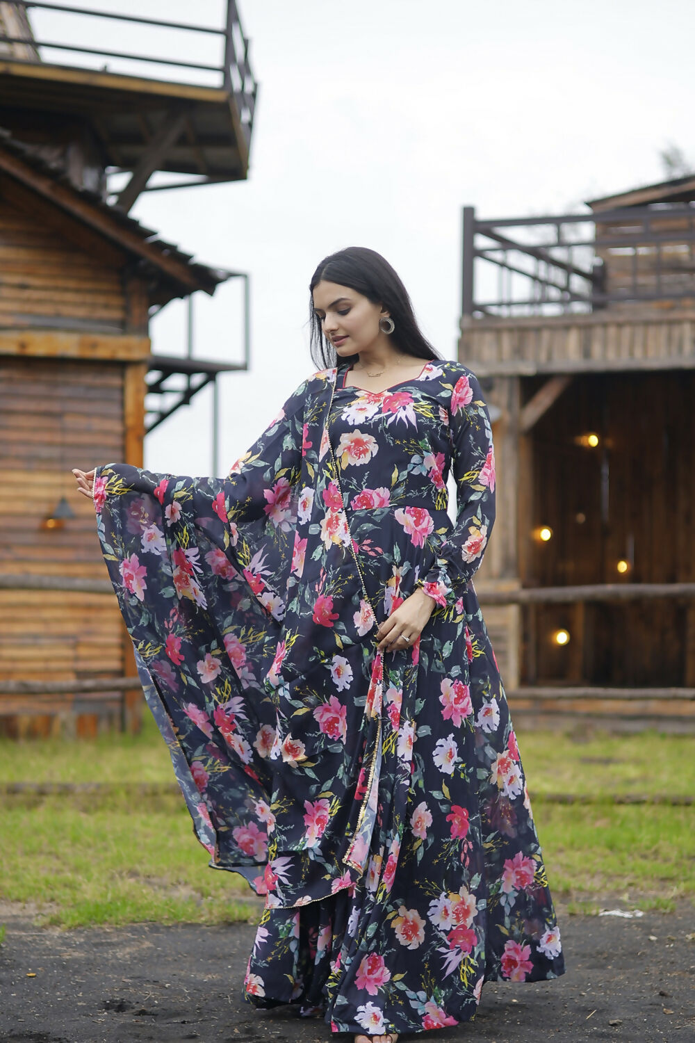 Aayaa Designer Printed Georgette Full Flare Gown With Dupatta - Multi Color | Grocsy