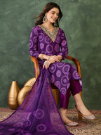 The52 Women's Gorgeous Rayon Embroidery Straight Kurta with Pant And Dupatta Set-Purple | Grocsy