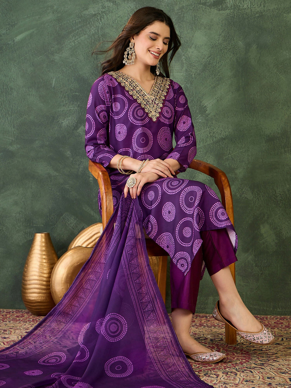 The52 Women's Gorgeous Rayon Embroidery Straight Kurta with Pant And Dupatta Set-Purple | Grocsy