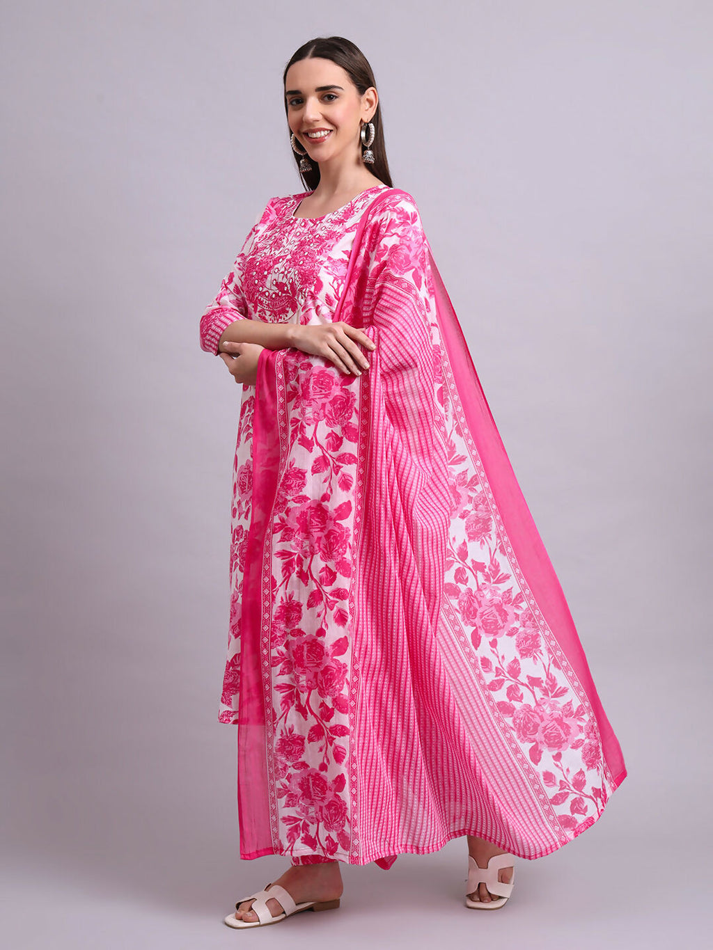 Joban Fashion Pink Cotton Floral Printed & Embroidery Work Kurta With Trousers & Dupatta Set | Grocsy