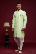 Raivat Ethnic Banarasi Jacquard Embroidery Semi Indo Western Sherwani In Pista Green Colour | Grocsy