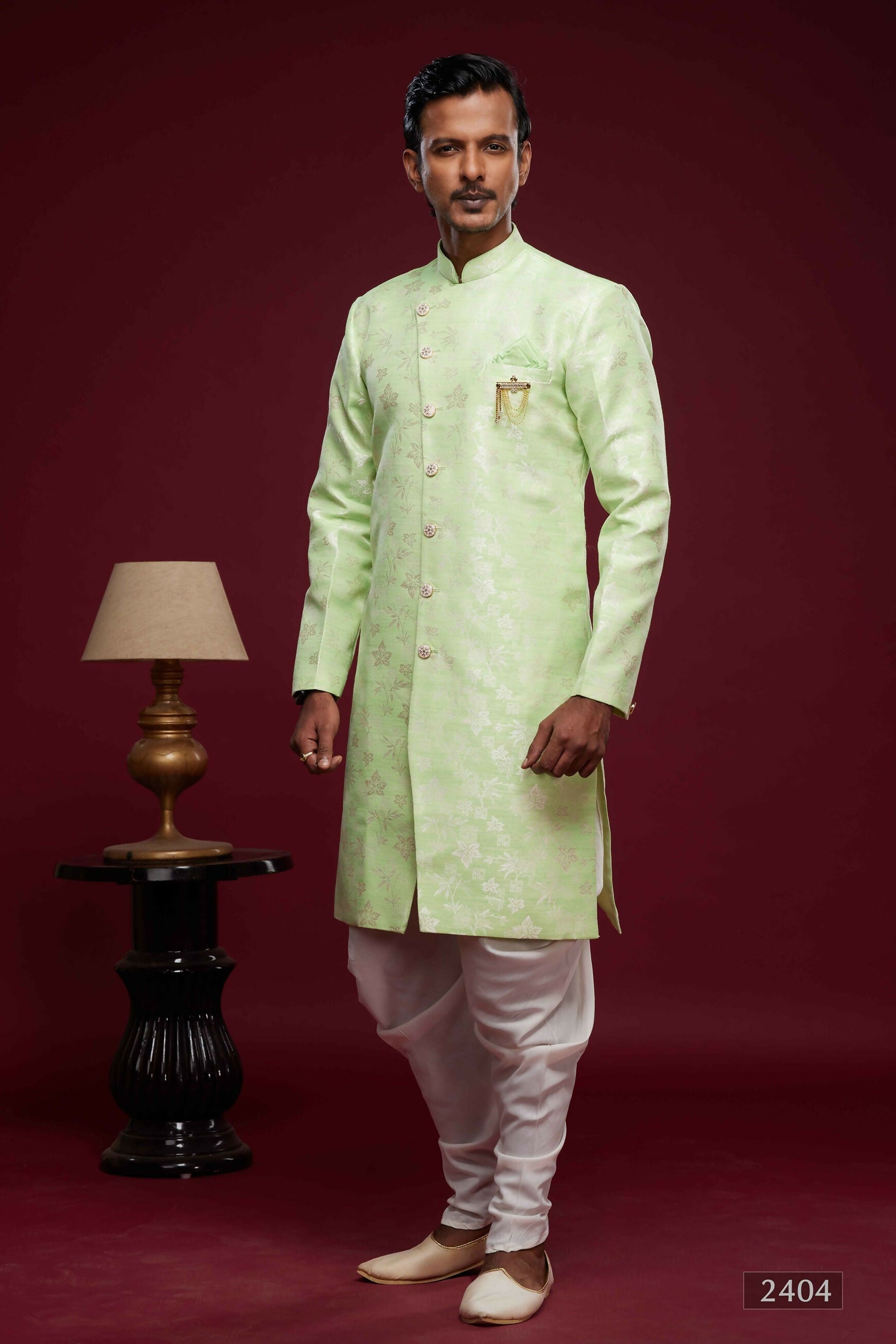 Raivat Ethnic Banarasi Jacquard Embroidery Semi Indo Western Sherwani In Pista Green Colour | Grocsy