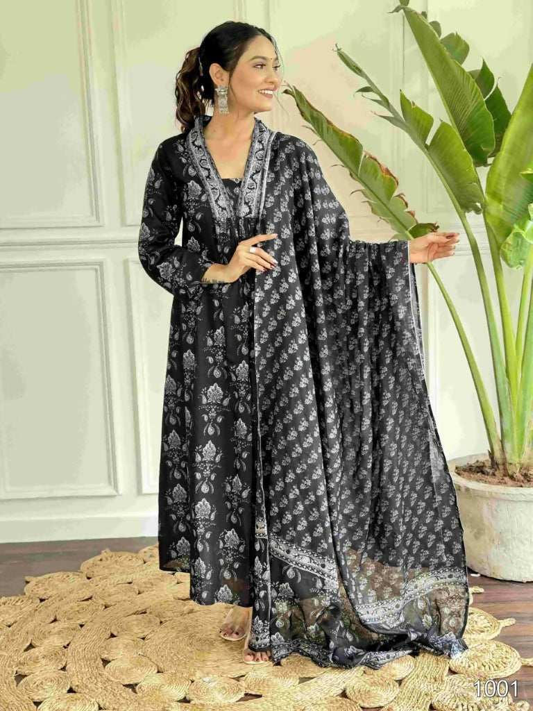 Black Pure Cotton Printed Anarkali Suit with Dupatta - Rashmika | Grocsy