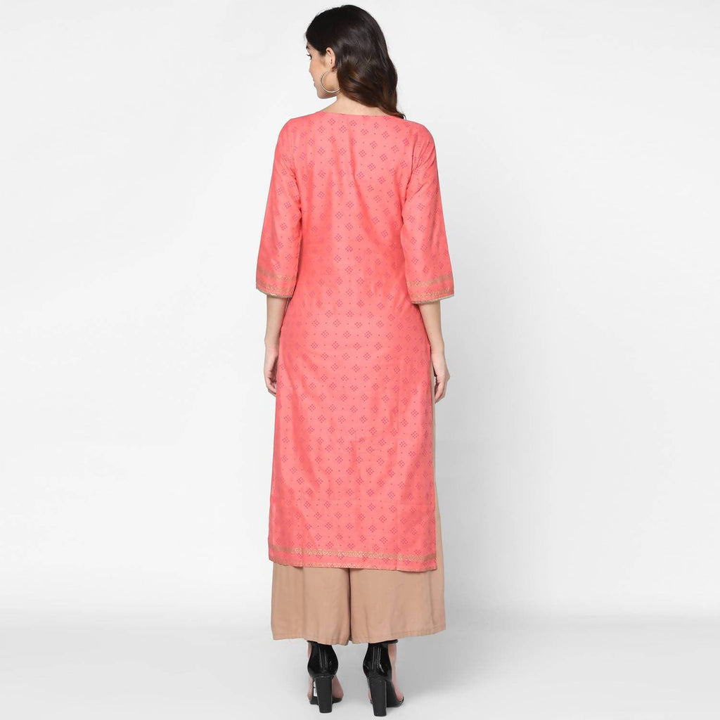 Cheera Hand Block Print Pitch & Skin Color Straight Kurta With Palazzo (MAAI-072K) | Grocsy