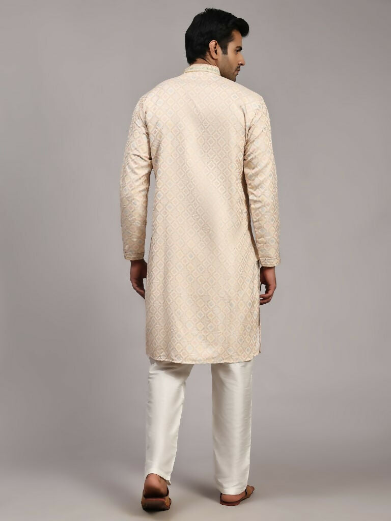 Cream Viscose Jacquard Woven Jacquard Designer Men's Rajwadi Kurta Set - Mahotsav | Grocsy