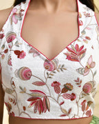 Amodini Designer Studio Floral White Halter Neck Sequined Blouse | Grocsy