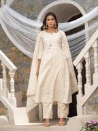 Off White Cotton Cambric Printed with Sequins work Anarkali Kurta with Pant & Dupatta - Akashara | Grocsy