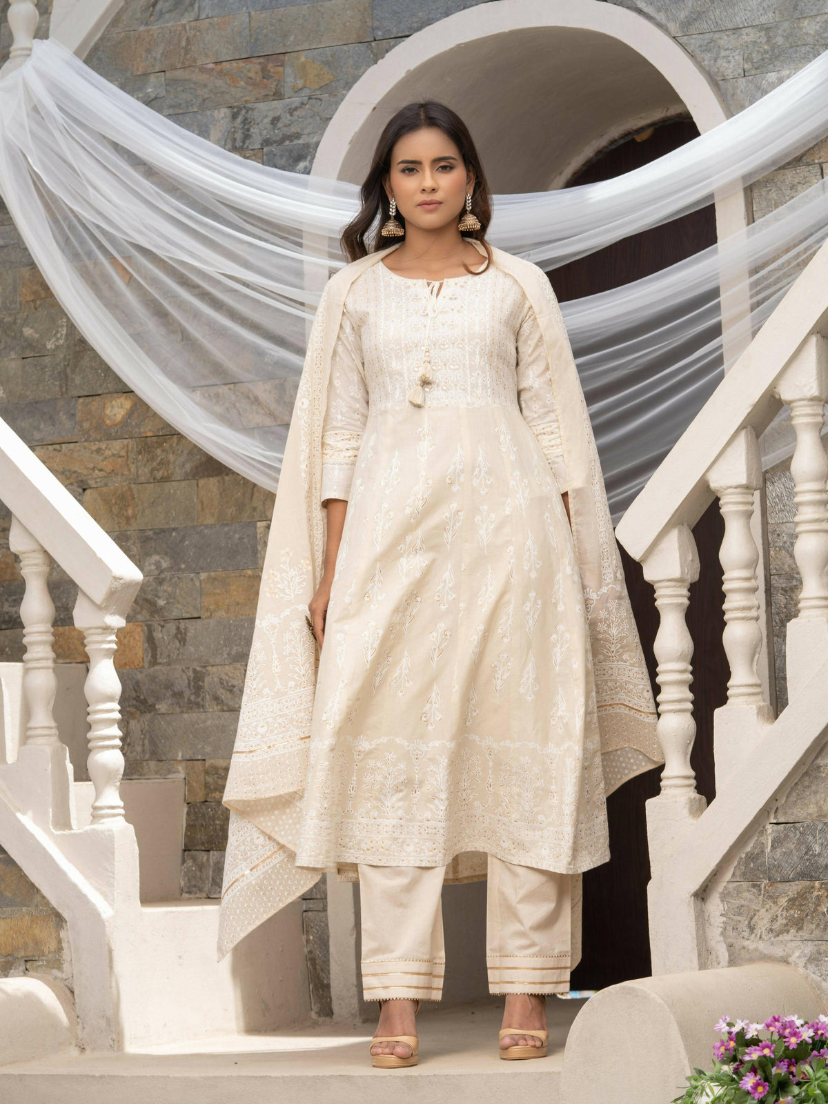 Off White Cotton Cambric Printed with Sequins work Anarkali Kurta with Pant & Dupatta - Akashara | Grocsy