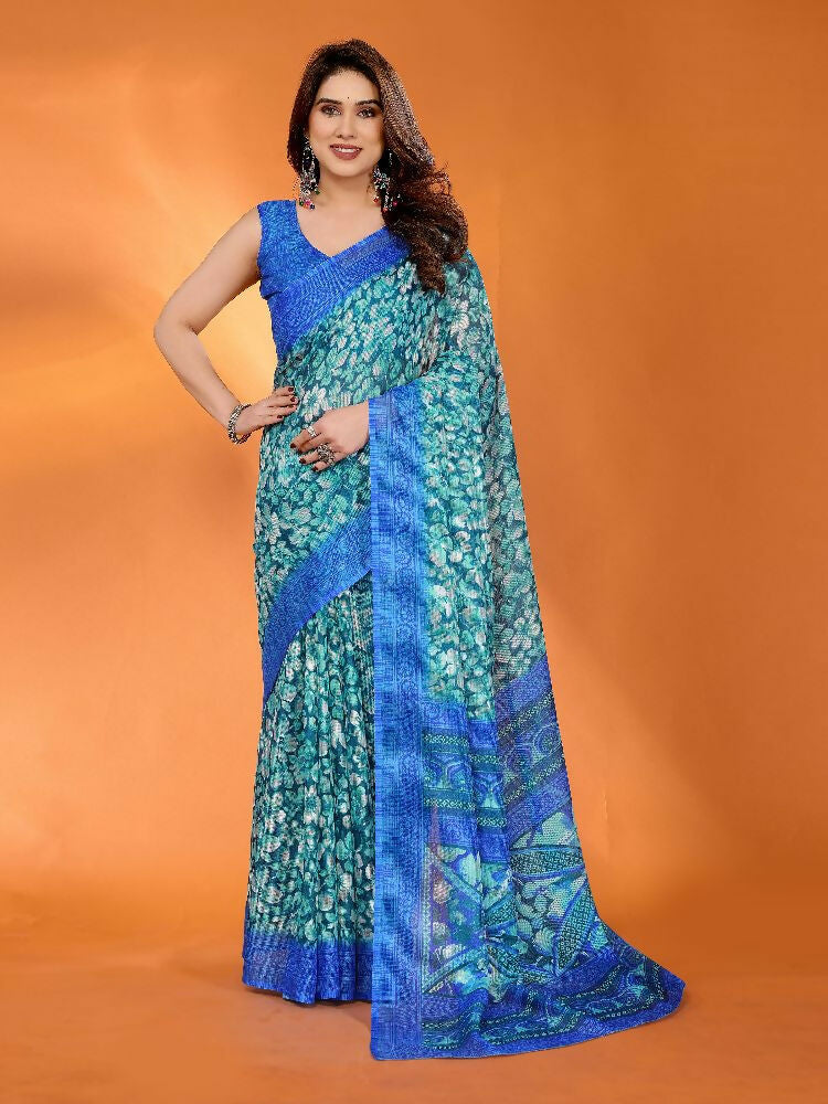 PR Fashion Blue Kota Doria Printed Saree | Grocsy
