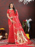 Lorenvalley Fashion Red Soft Paithani Silk Woven Design Gold Zari Meenakari Weaving Saree | Grocsy