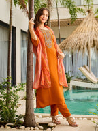 The52 Rust Women's Gorgeous Embroidered work Rayon Fabric Straight Kurta, Pant and Dupatta Set | Grocsy