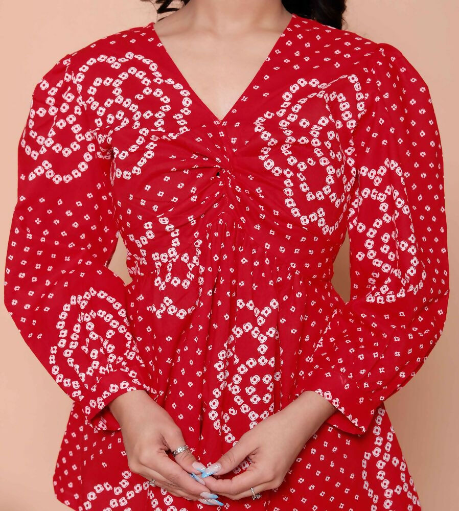 Miravan Womens Red Bandhani Printed Cotton Butterfly Design Top | Grocsy
