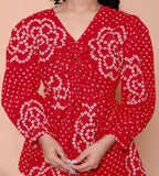Miravan Womens Red Bandhani Printed Cotton Butterfly Design Top | Grocsy
