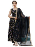 The52 Black Women's Gorgeous Printed Muslin Fabric Flared Kurta Pant and Dupatta Set | Grocsy