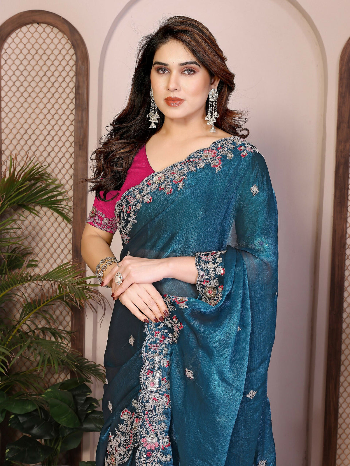Teeya Creation New Womens Latest Party Wear Soft Chiffon Silk Saree-Blue | Grocsy