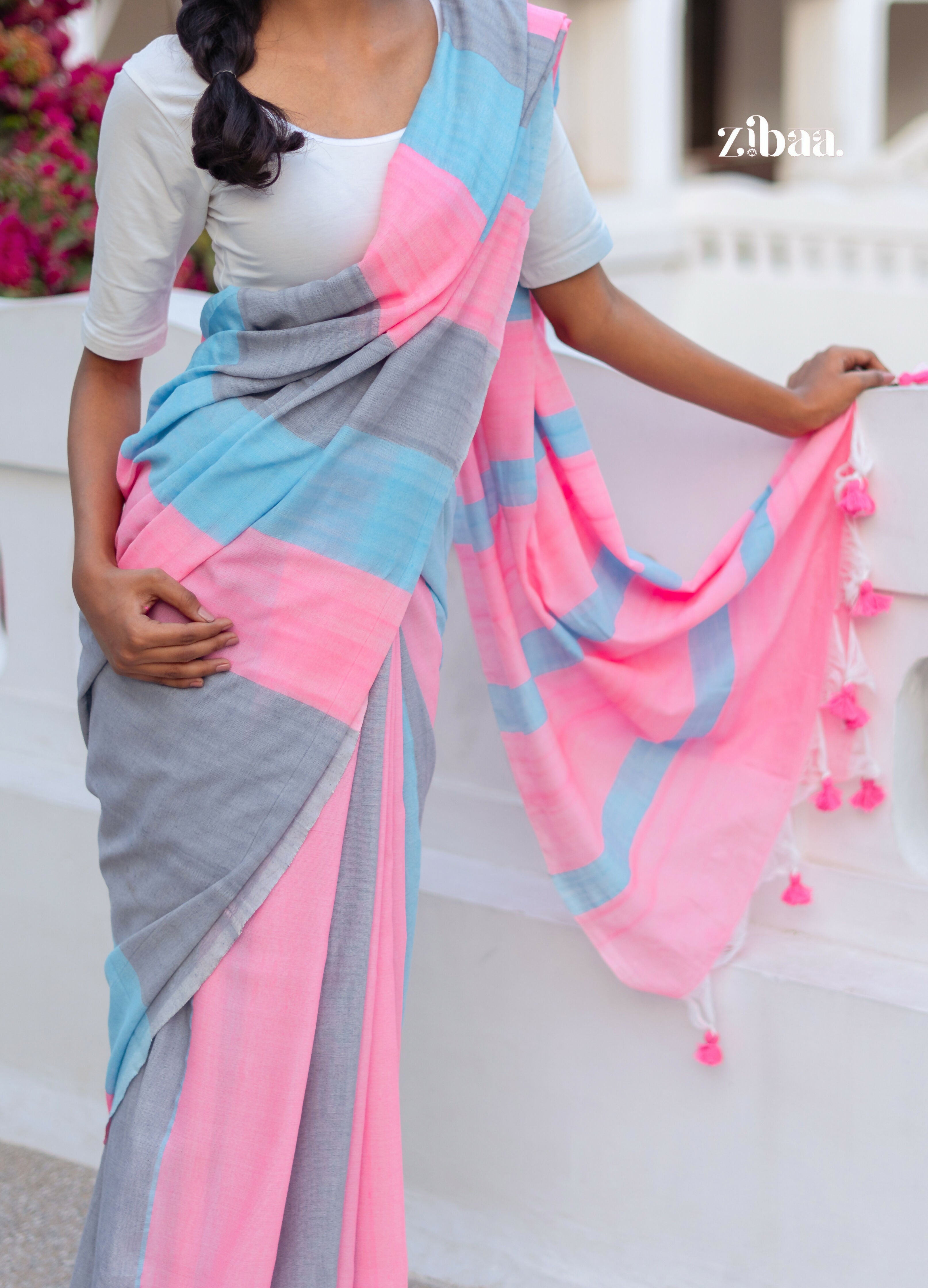 Zibaa Hand-Dyed Mul Cotton Striped Saree with Tassels | Grocsy