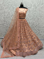 Jyoti Fashion Women's Peach Bridal Net Fancy Dori & Multi Thread Embroidered with Zircon Diamond Work Wedding Lehenga Choli | Grocsy