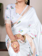 Vastranavya White Tussar Silk Printed with Viscose Border Saree with Unstitched Blouse | Grocsy