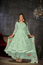 Jyoti Fashion Women's Sea Green Net Embroidered Anarkali Kurta Pant Set With Dupatta | Grocsy
