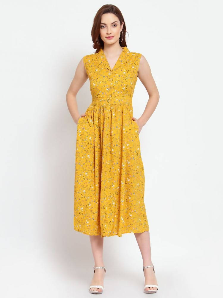 Myshka Women's Mustard Printed Rayon Sleeveless Collar Neck Casual Dress | Grocsy