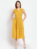Myshka Women's Mustard Printed Rayon Sleeveless Collar Neck Casual Dress | Grocsy