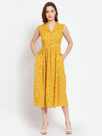 Myshka Women's Mustard Printed Rayon Sleeveless Collar Neck Casual Dress | Grocsy