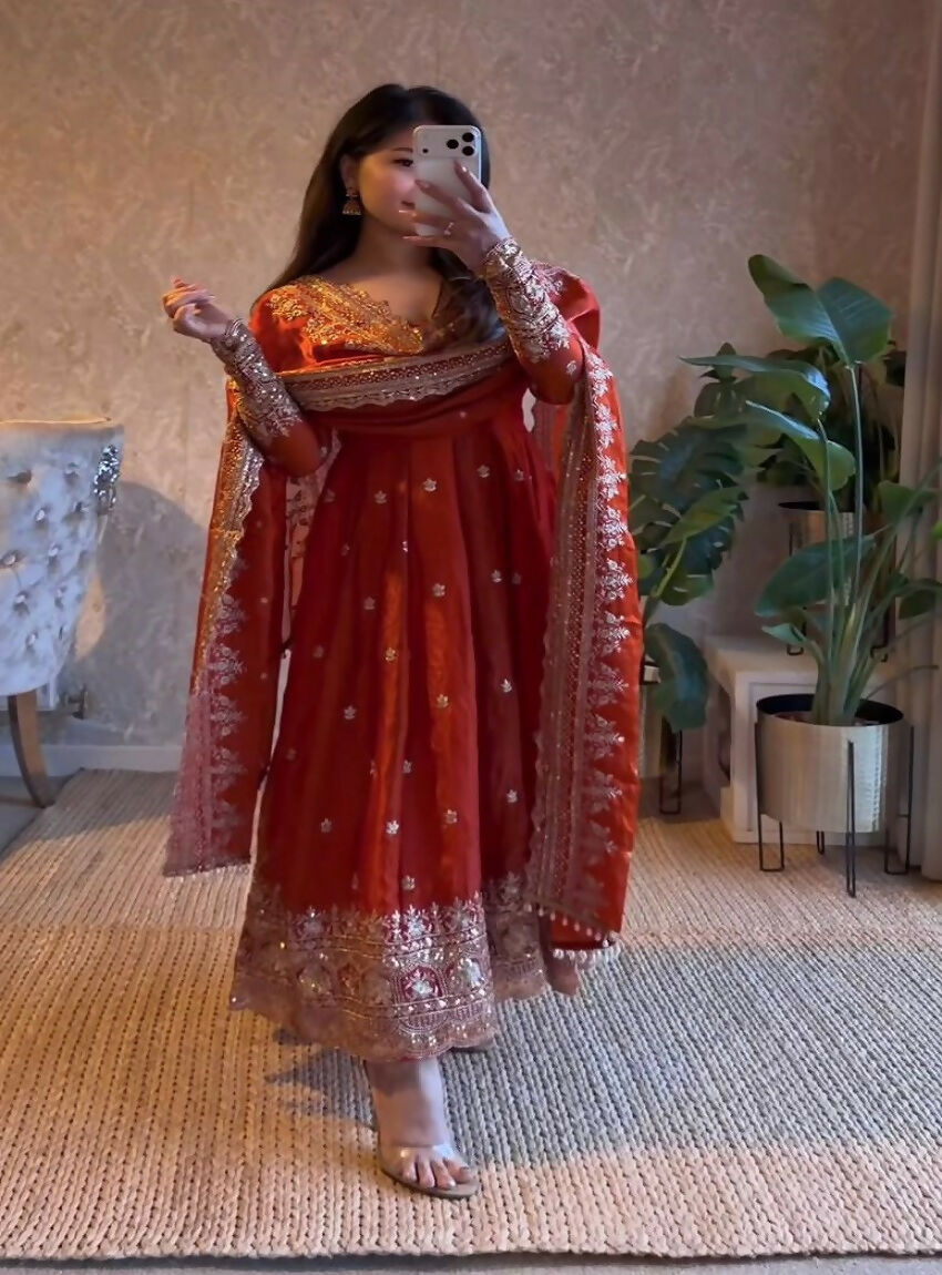 Teeya Creation Vibrant Orange Heavy Border Gher Anarkali Suit For Women | Grocsy