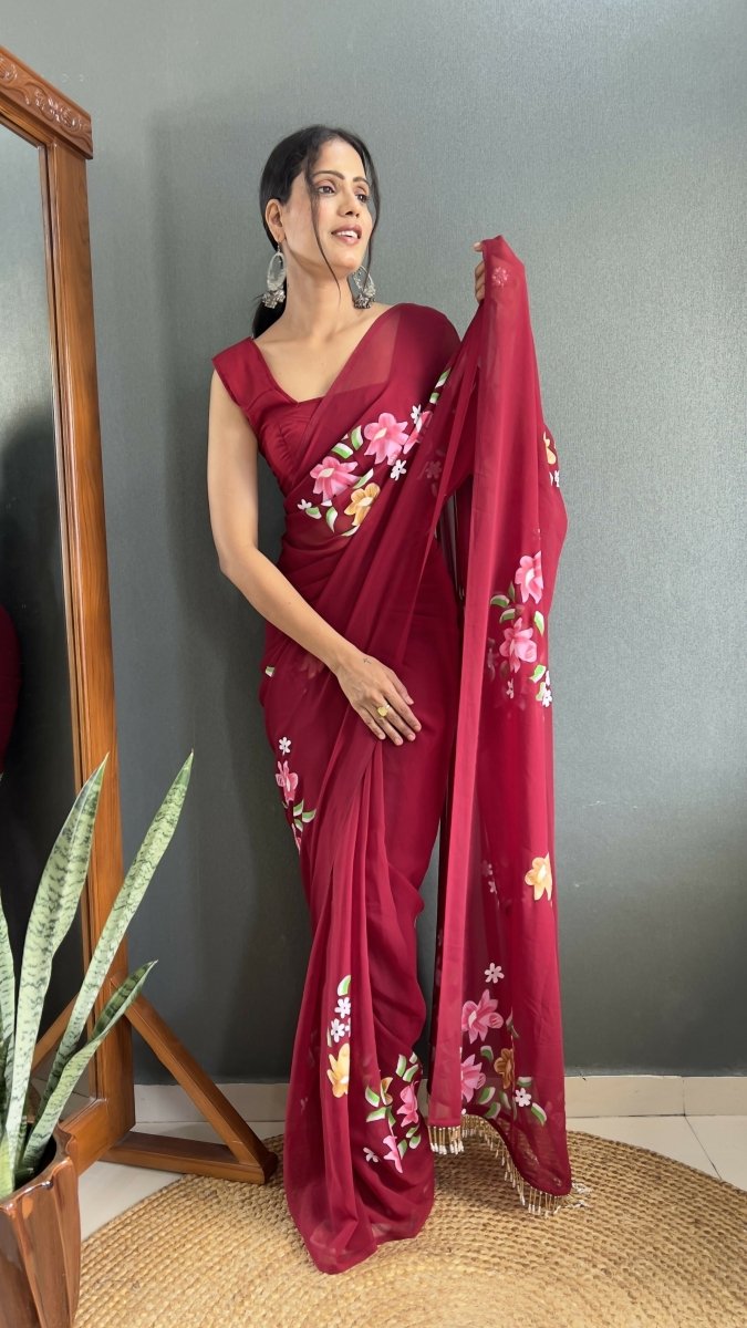 Aayaa Designer 1 min Hand Painted Ready to Wear saree - Maroon | Grocsy