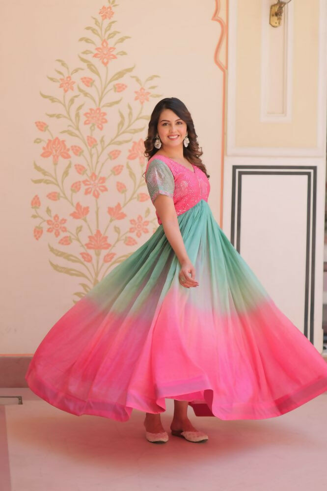 Vastranavya Pink Gold Crush Padding With Beads Embroidered Work Gown | Grocsy
