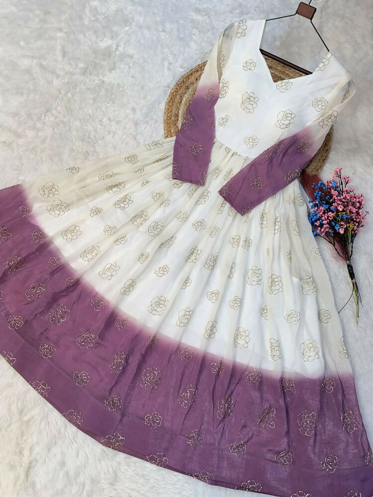 Teeya Creation Lavendar and White Gradient Anarkali Gown with Gold Floral Motifs | Grocsy