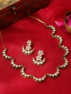 Ruby Raang Gold Polished Kundan Work Gold Half Moon Kundan Necklace With Earrings | Grocsy