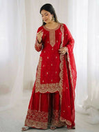 Teeya Creation Red Color Fendy Silk Embroidery Work Wedding Wear Salwar Suit | Grocsy