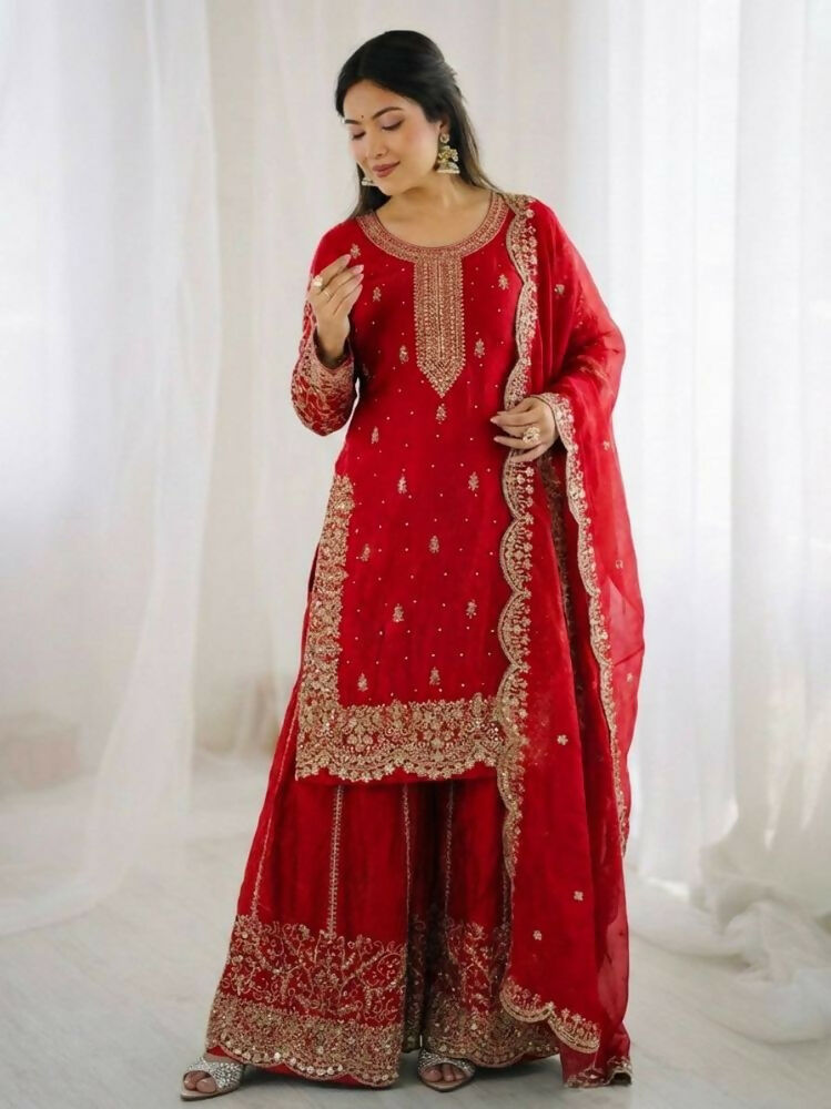 Teeya Creation Red Color Fendy Silk Embroidery Work Wedding Wear Salwar Suit | Grocsy