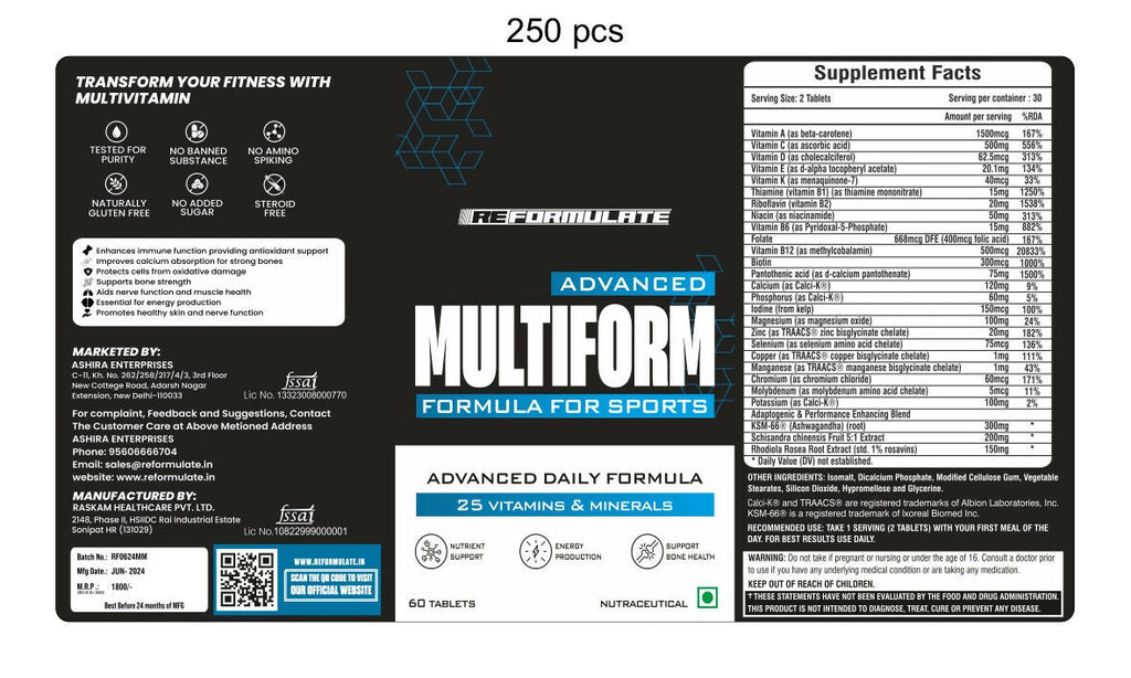 Reformulate Advanced Multiform Formula For Sports I Advanced Daily Formula I 25 Vitamins & Minerals Tablets