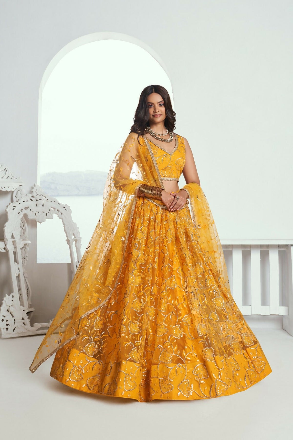 Eilara Glamorous Yellow Net With Embroidered And Thread Zari Sequence Weeding Lehenga Choli | Grocsy